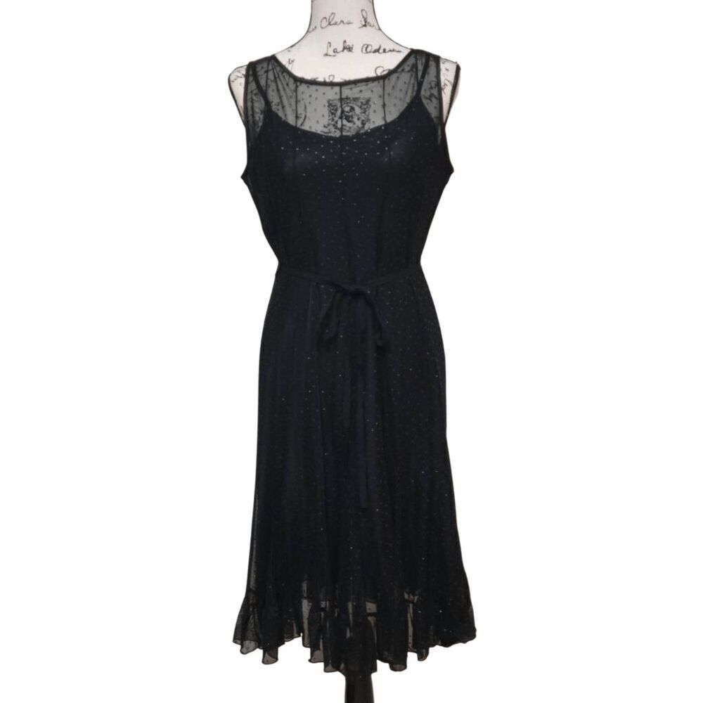 SANDRA DARREN Black Mesh Shimmer Overlay Waist Tie Ruffled Hem Midi Dress SIZE 6